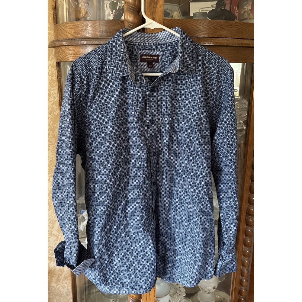Johnston & Murphy Men's Large Blue/White Geometric Cotton Button Dress Shirt